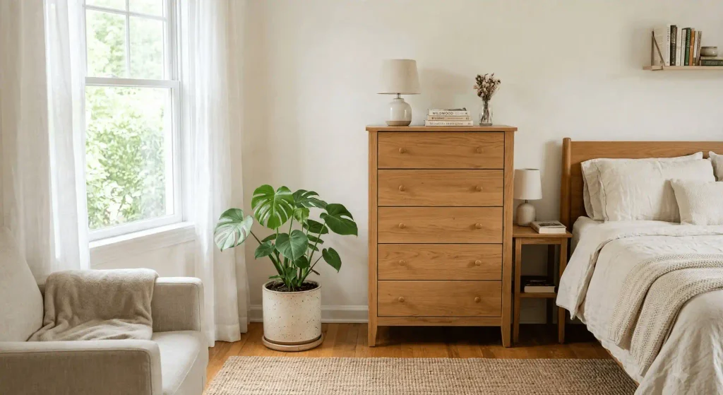 Young Monstera deliciosa in a floor pot beside a wooden dresser in a bright bedroom