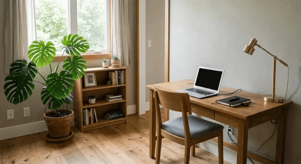 Monstera deliciosa in a floor pot beside a wooden home office desk and bookcase