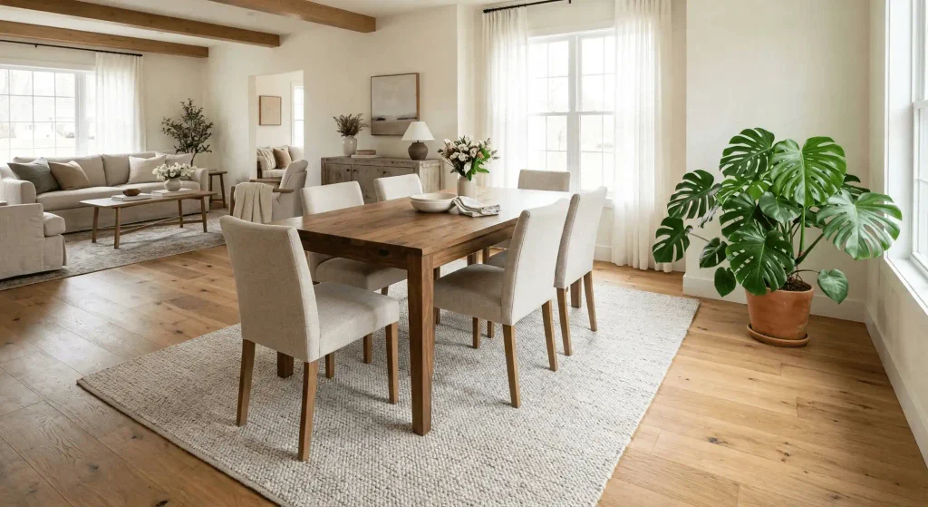 Monstera deliciosa in a floor pot beside a dining area with a wooden table and chairs