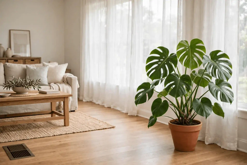Monstera deliciosa positioned near filtered window light with a clear walking path