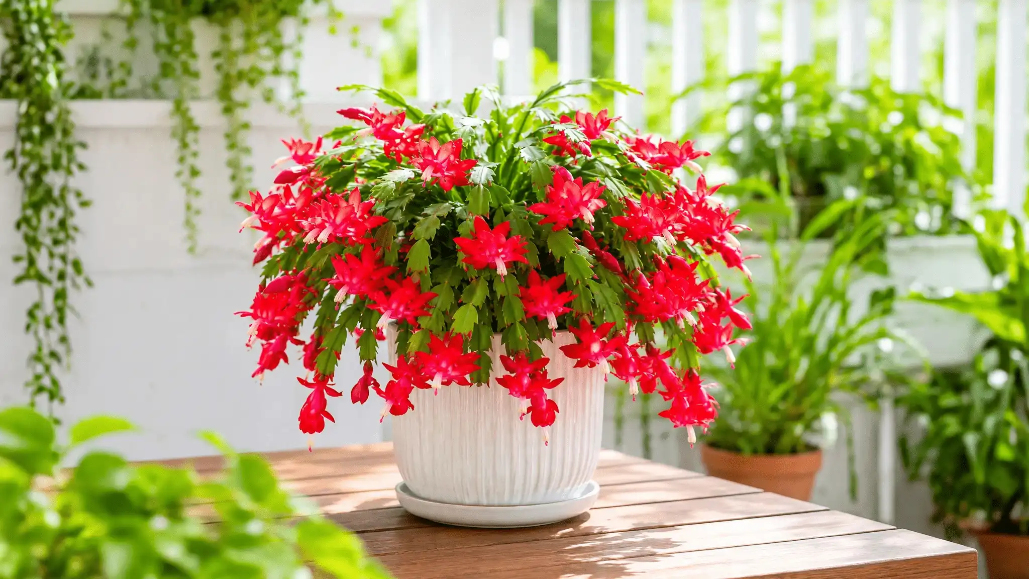 Red Christmas cactus plant with bright red flowers in white ribbed pot on wooden table in sunny balcony garden