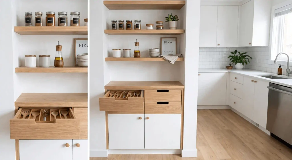 Side-by-side view of a modern white kitchen nook with light wood open shelves holding spice jars and kitchen decor, and a pull-out wooden drawer with custom compartments for wooden spoons, spatulas and whisks
