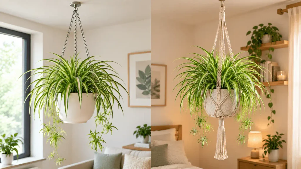 Side-by-side comparison of a spider plant hanging in a white pot from a metal chain hanger on the left and a woven cream macramé hanger on the right.