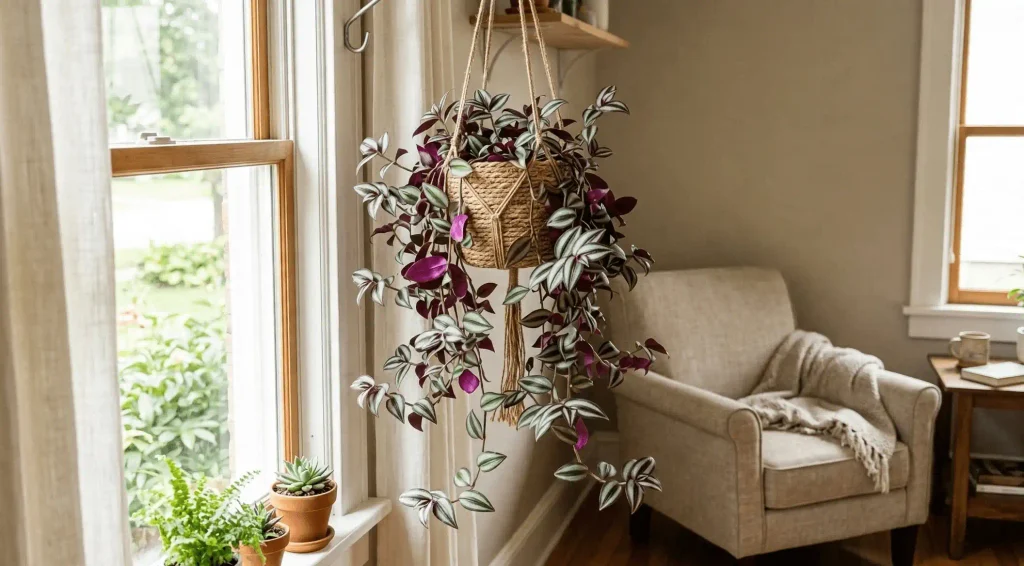 Tradescantia zebrina with purple and silver striped trailing leaves in a hanging basket beside a bright window