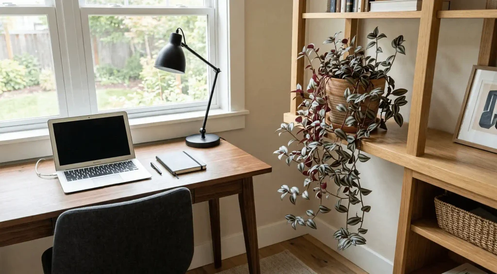 Tradescantia zebrina trailing from a shelf beside an uncluttered home office desk
