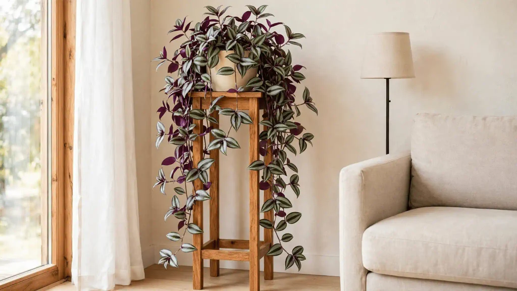 Purple and silver Tradescantia zebrina trailing from a tall plant stand in a bright living room corner