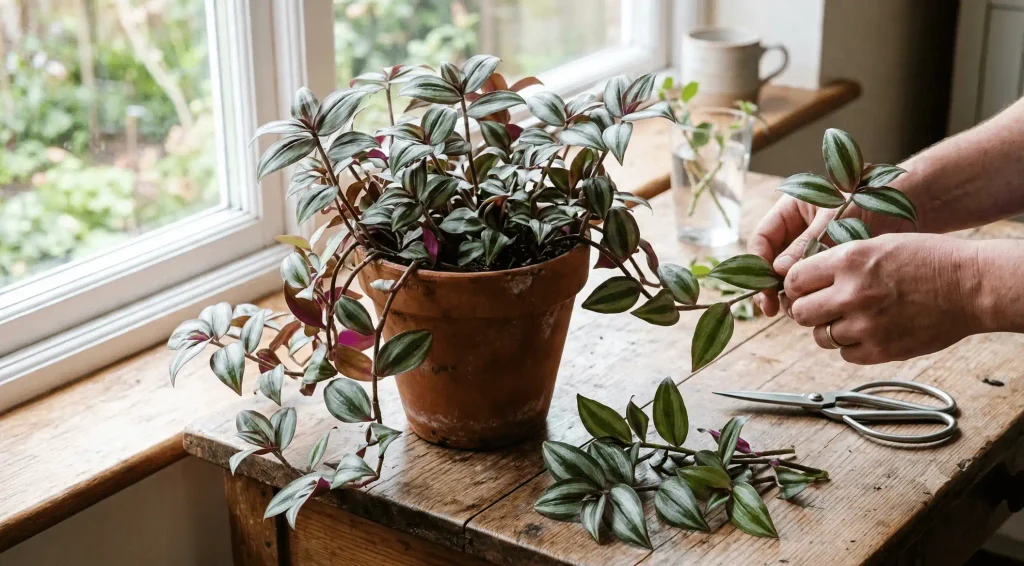 Tradescantia zebrina with purple and silver-striped leaves beside pruning scissors and fresh stem cuttings
