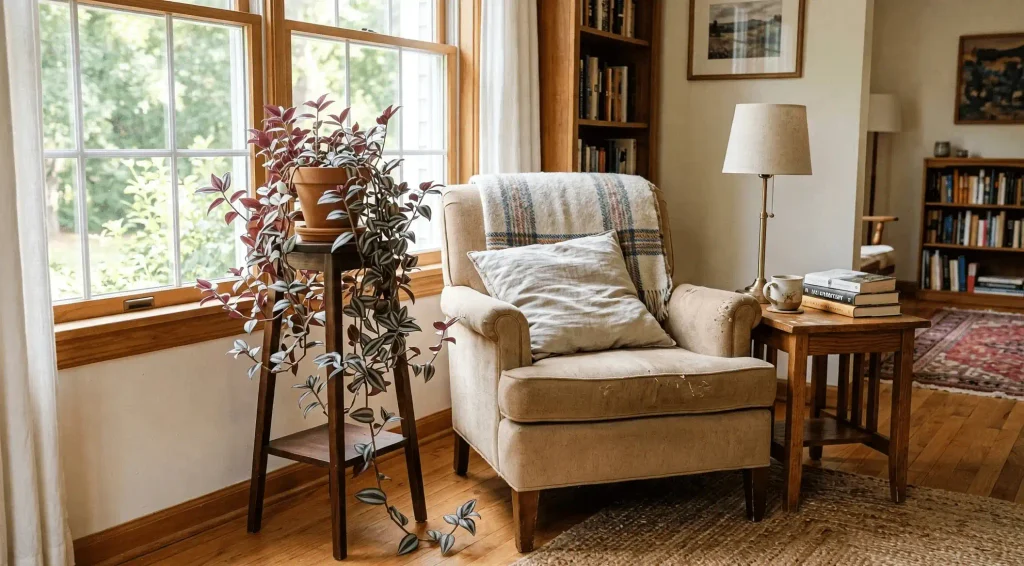 Tradescantia zebrina with purple and silver foliage on a plant stand beside a comfortable reading chair