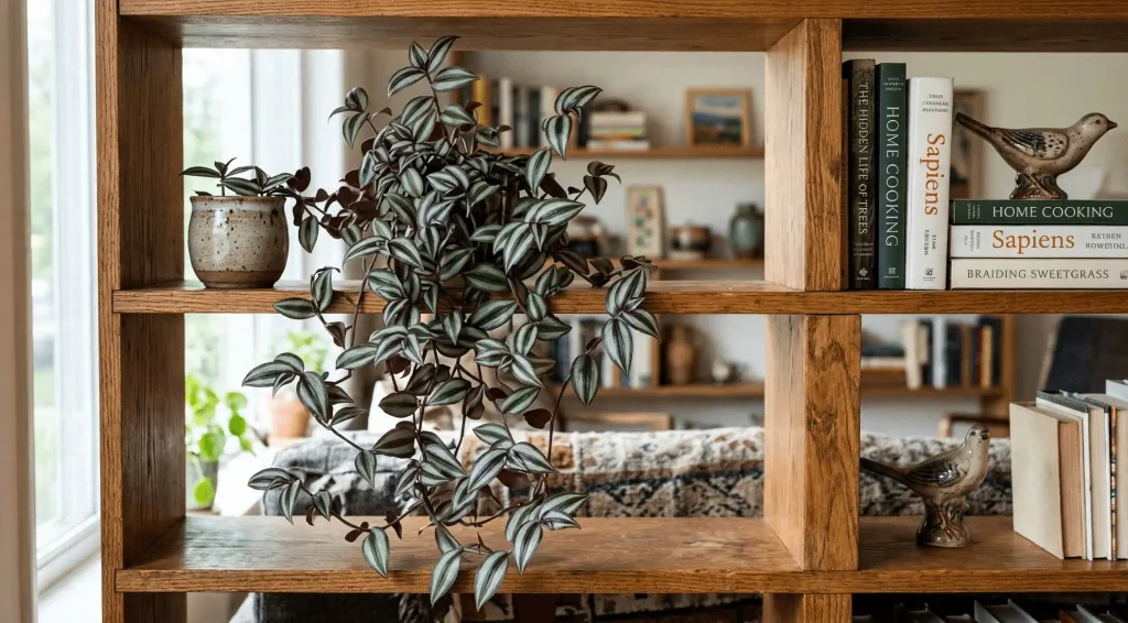 Tradescantia zebrina with purple stems and silver-striped leaves trailing from a wooden bookshelf