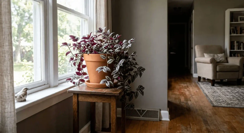 Tradescantia zebrina displayed near a bright window away from a dim hallway and heating vent