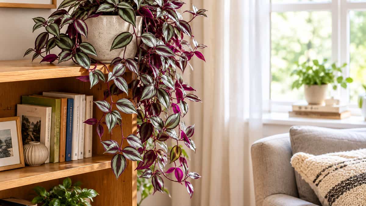 Wandering Jew plant with purple and silver-striped leaves cascading from a ceramic pot on a living room shelf