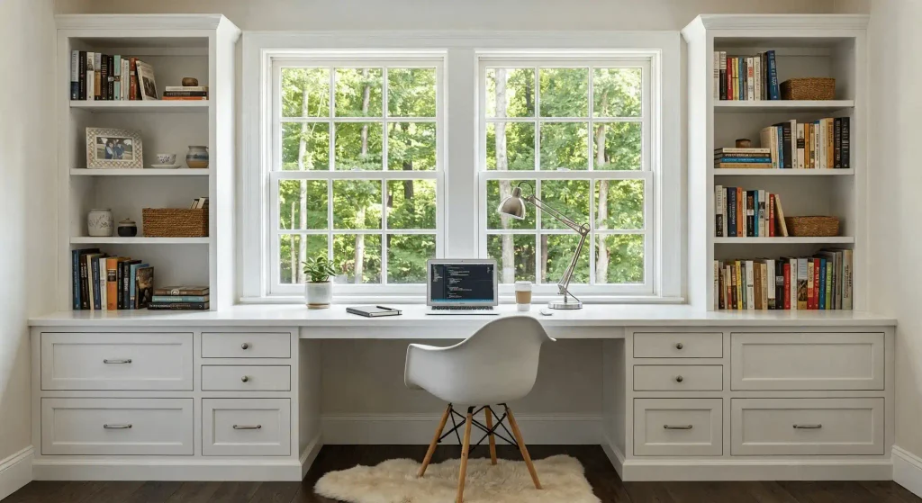 Custom white built-in home office desk with shelving units framing double-hung windows that overlook a green forest.